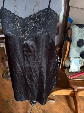 Black Lace Trim Satin Chemise - Women Intimates slip dress crisscross straps xlg